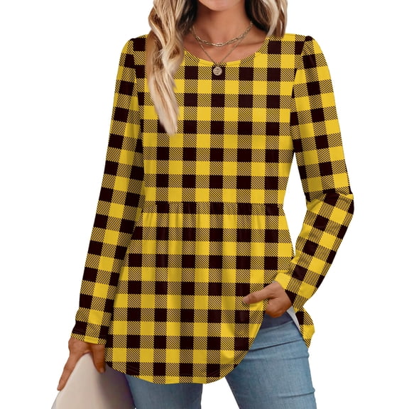 CharmCyan Women Long Sleeve Casual Loose Tunic Top Elegant Crewneck Blouse Soft Stretchy Peplum Shirt for Daily Office Wear Yellow B L