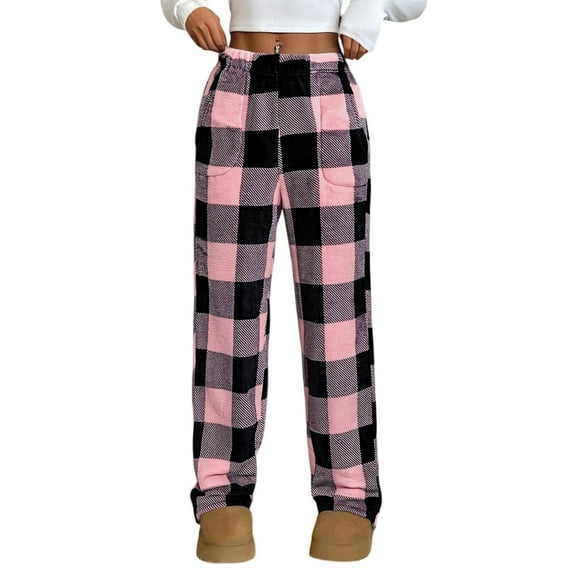 CharmCyan Women Pajama Pants Plush Sleep Pants Soft Elastic Waist Pajama Bottoms Plaid Pants With 2 Pockets Pink M