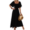 thumbnail image 1 of CharmCyan Women Square Neck Short Sleeve Maxi Dress Elegant Loose Fit Flowy Long Dress Summer Casual Solid A Line Sundress Black L, 1 of 5