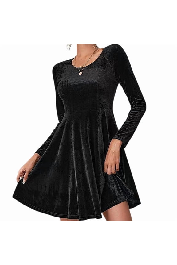 Women’s Long Sleeve Velvet Dress A-Line Crew Neck Solid Flared Skater Casual Party Wear Soft Fabric Classic Design Black XL
