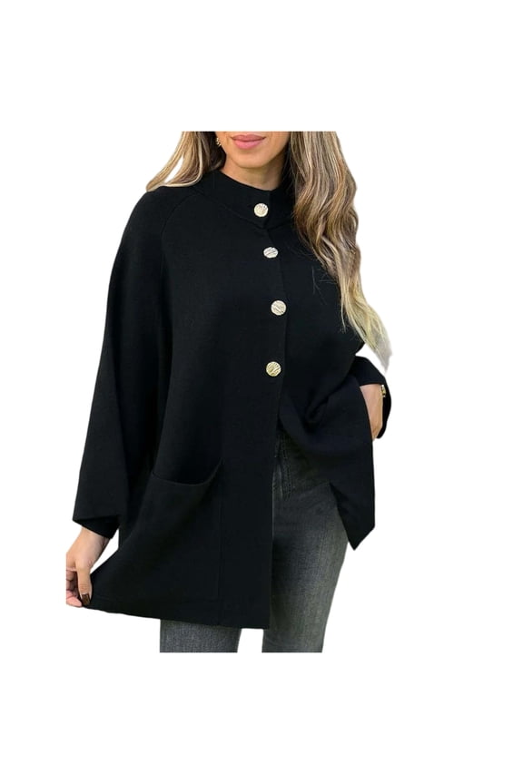Women’s Button Front Cape Coat with Stand Collar Long Sleeve Loose Fit Outerwear Poncho Style Jacket for Casual Wear Black XL