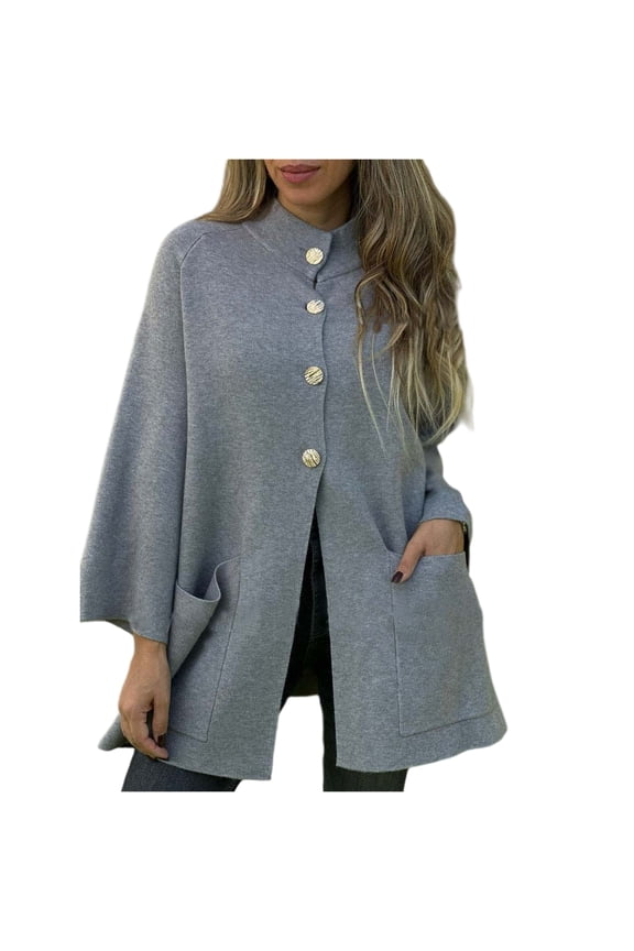 Women’s Button Front Cape Coat with Stand Collar Long Sleeve Loose Fit Outerwear Poncho Style Jacket for Casual Wear Gray L