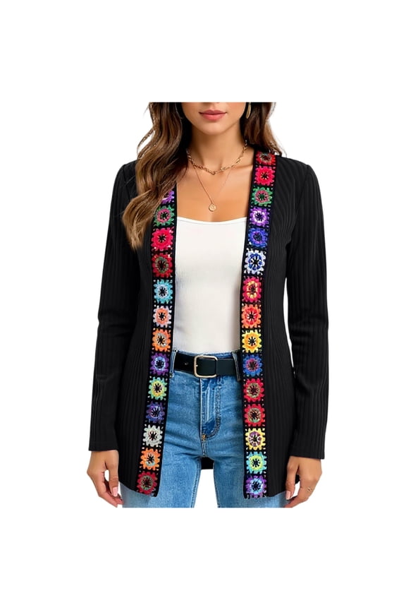 Women's Casual Bohemian Style Floral Applique Cardigan Knitted Long Sleeve Jacket Black 2XL