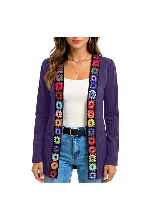 Women's Casual Bohemian Style Floral Applique Cardigan Knitted Long Sleeve Jacket Purple XL