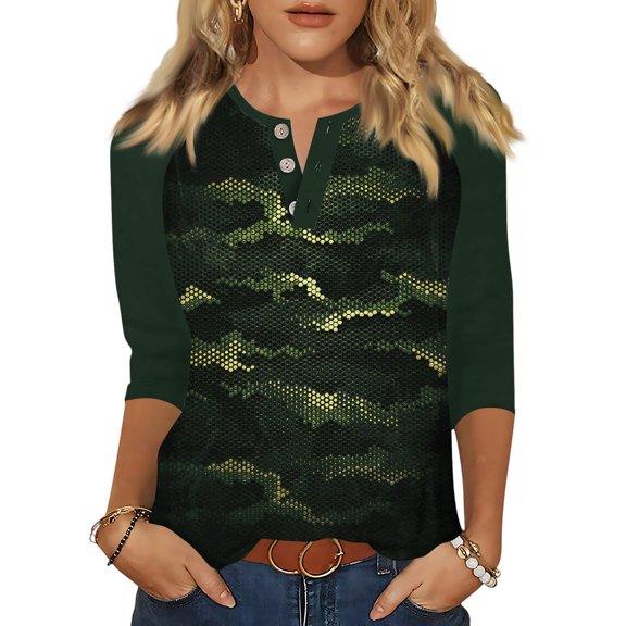 CharmCyan Women’s Casual Camouflage Print Henley Shirt, 3/4 Sleeve Button Down Raglan Top, Soft Lightweight Blouse for Spring Summer Dark Green 2XL