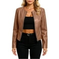 thumbnail image 1 of CharmCyan Women's Casual Long-Sleeved Solid Color PU Motorcycle Leather Jacket Light Brown M, 1 of 2