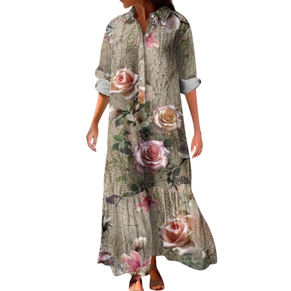 CharmCyan Women's Casual Loose Fashionable Floral Print Dress Khaki M
