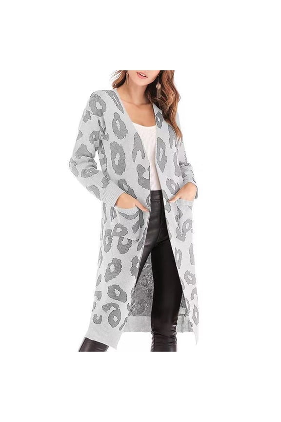 Women's Casual Loose Leopard Print Mid-length Knitted Sweater Jacket Gray L