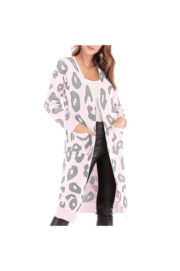 Women's Casual Loose Leopard Print Mid-length Knitted Sweater Jacket Pink 2XL