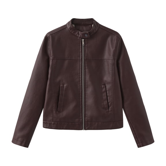 CharmCyan Women's Casual Solid Color Stand Up Collar Long Sleeved Zipper Pocket Jacket Motorcycle Suit Jacket Leather Jacket Coffee M