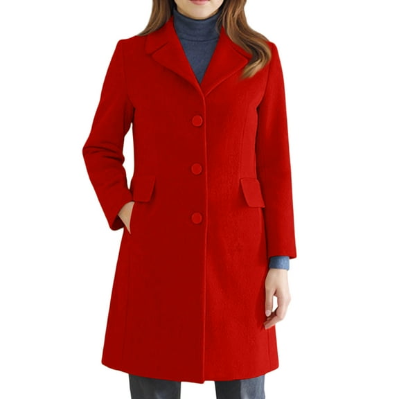 CharmCyan Women’s Classic Wool Blend Long Sleeve Single Breasted Coat with Notched Lapel Pockets and Tailored Fit for Everyday Wear Red M