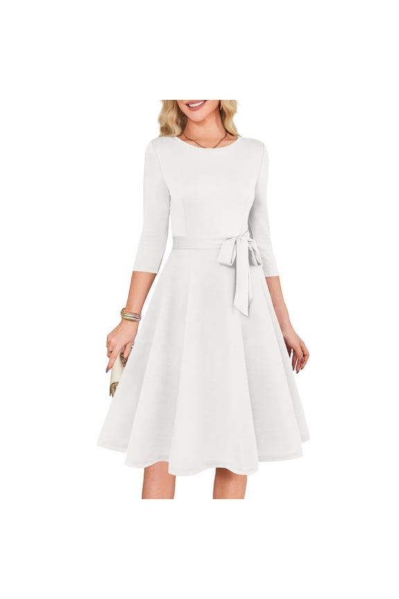Women’s A-Line Midi Dress with 3/4 Sleeves and Waist Tie Elegant Crew Neck Fit Flared Skirt Design for Daily Wear White M