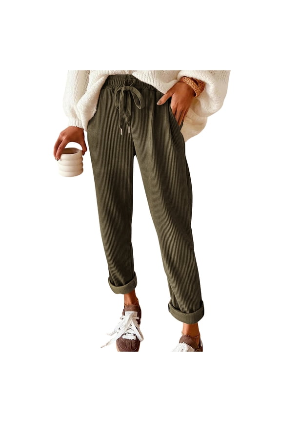 Women’s Corduroy Drawstring Waist Pants Relaxed Fit Trousers with Ribbed Texture and Roll-Up Cuffs for Casual Wear Army Green L