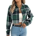 thumbnail image 1 of CharmCyan Women’s Cropped Plaid Button Down Shirt Long Sleeve Casual Collared Flannel Jacket with Chest Pockets Green L, 1 of 2