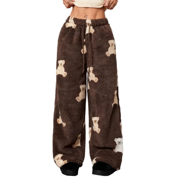 CharmCyan Women's Cute Bear Plush Pajama Pants Wide Leg Plush Casual Pants Coffee 2XL