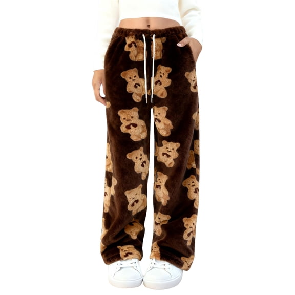 CharmCyan Women's Cute Bear Plush Pajamas Drawstring Elastic Belt Pocket Wide Leg Plush Casual Pants Coffee XL