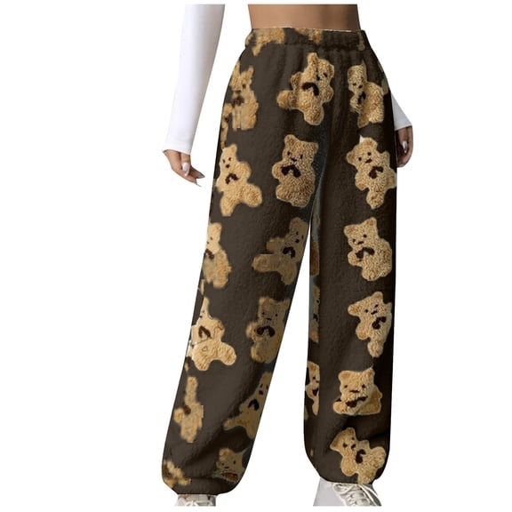 CharmCyan Women's Cute Teddy Bear Plush Pajama Pants, Soft, Fleece-lined, Warm, Comfortable Plush Pants, Casual Pants Coffee 2XL