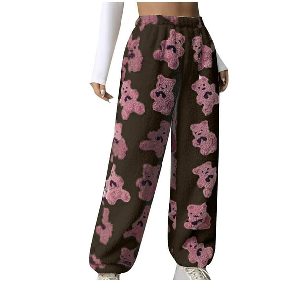CharmCyan Women's Cute Teddy Bear Plush Pajama Pants, Soft, Fleece-lined, Warm, Comfortable Plush Pants, Casual Pants Hot Pink L