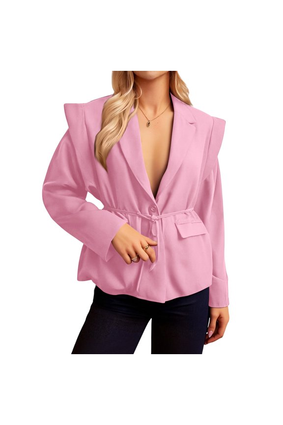 Women's Elegant Commuting V-neck Lace-up Shoulder-padded Suit Jacket Pink M