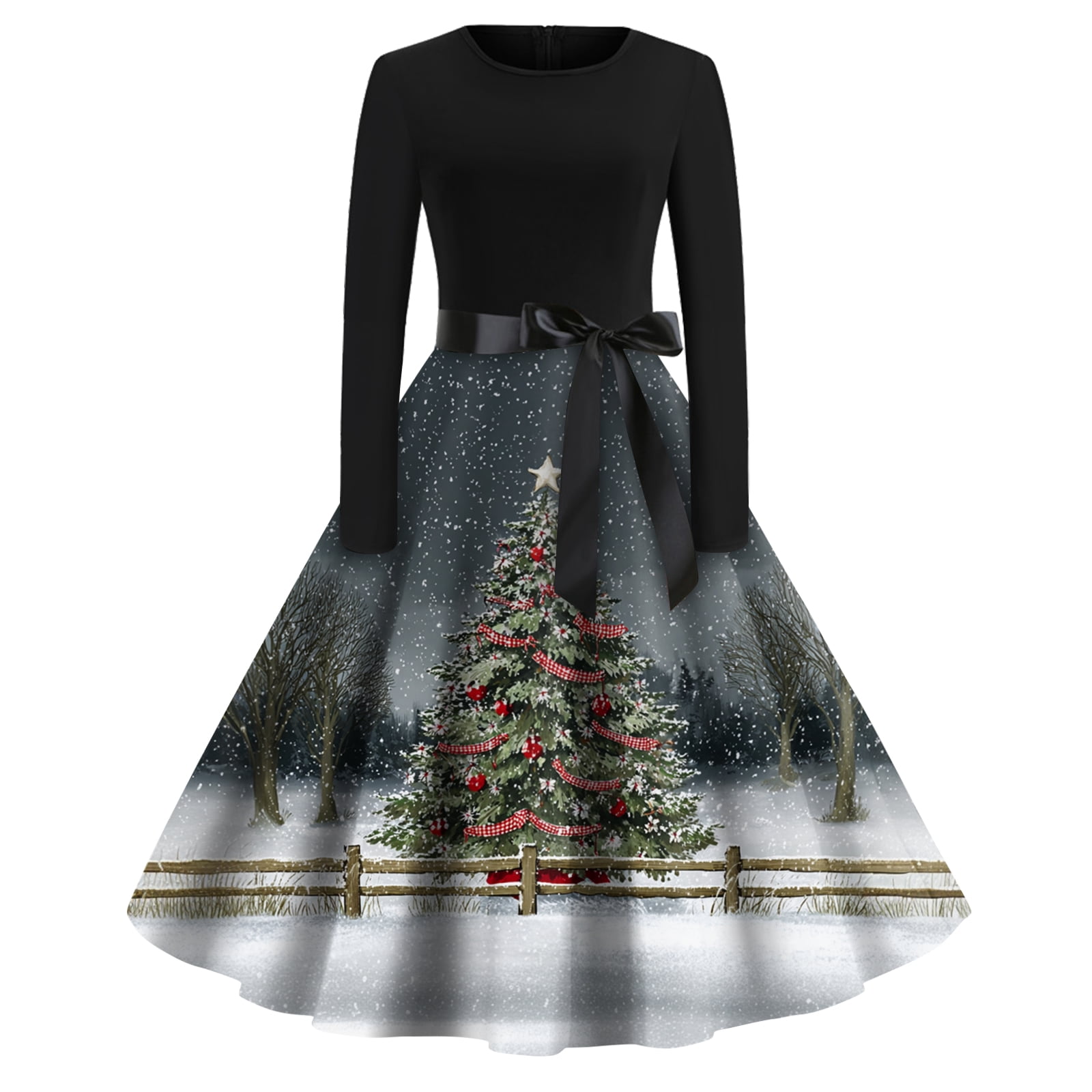 Womens Slim Fit Christmas Dress with Snowflake Print