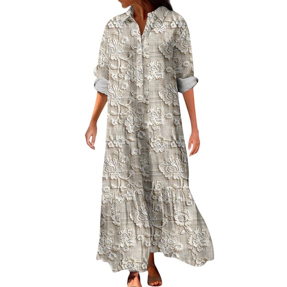 CharmCyan Women's Fashionable And Elegant Autmn And Winter Button Lapel Three-quarter Sleeve Three-dimensional Printed Dress Beige S