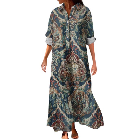 CharmCyan Women's Fashionable And Elegant Autmn And Winter Button Lapel Three-quarter Sleeve Three-dimensional Printed Dress Navy M