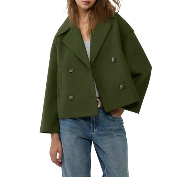 CharmCyan Women's Fashionable, Elegant, Solid-color, Long-sleeved, Short Woolen Coat With A Turned-up Collar Army Green L
