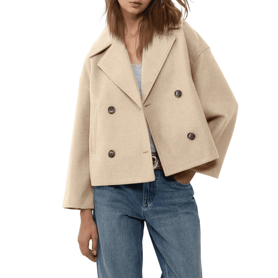 CharmCyan Women's Fashionable, Elegant, Solid-color, Long-sleeved, Short Woolen Coat With A Turned-up Collar Beige L