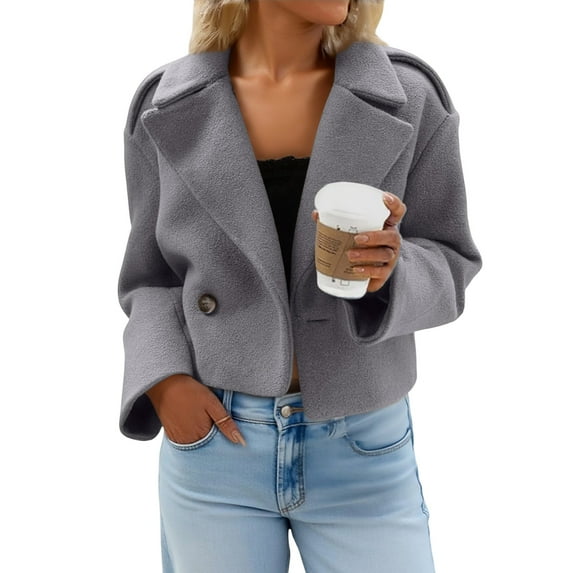 CharmCyan Women's Fashionable, Elegant, Solid-color, Long-sleeved, Short Woolen Coat With A Turned-up Collar Gray L