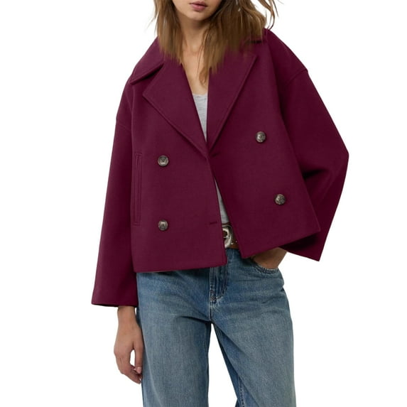 CharmCyan Women's Fashionable, Elegant, Solid-color, Long-sleeved, Short Woolen Coat With A Turned-up Collar Wine XL
