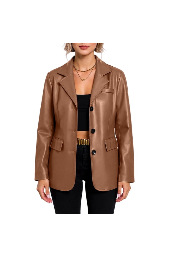 Women’s Faux Leather Blazer Jacket with Notched Lapel Long Sleeve Single Breasted Office Casual Outerwear Coat Brown M