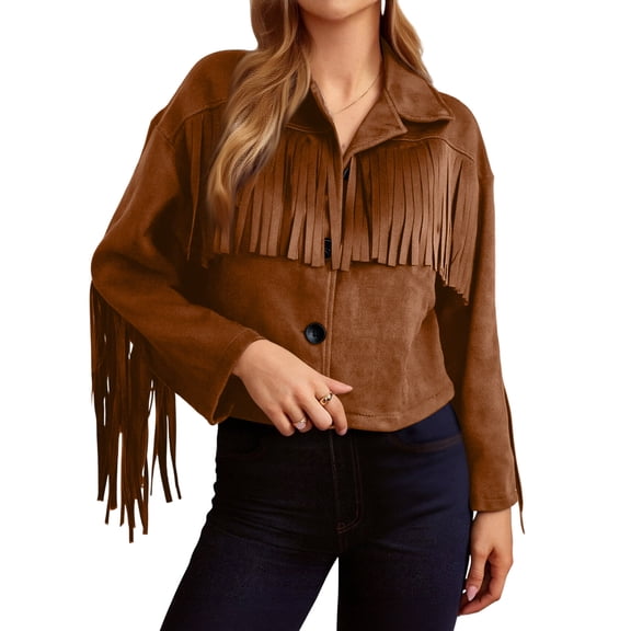CharmCyan Women’s Faux Suede Fringe Jacket Western Style Long Sleeve Button Down Loose Fit Outerwear for Casual or Daily Wear Brown XL