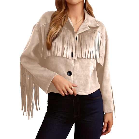 CharmCyan Women’s Faux Suede Fringe Jacket Western Style Long Sleeve Button Down Loose Fit Outerwear for Casual or Daily Wear White M