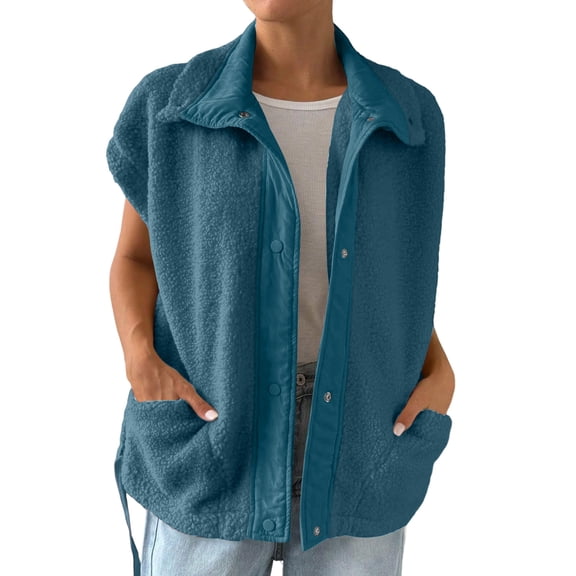 CharmCyan Women’s Fleece Vest with Snap Button Front Sleeveless Jacket Casual Stand Collar Lightweight Outerwear for Everyday Wear Blue S