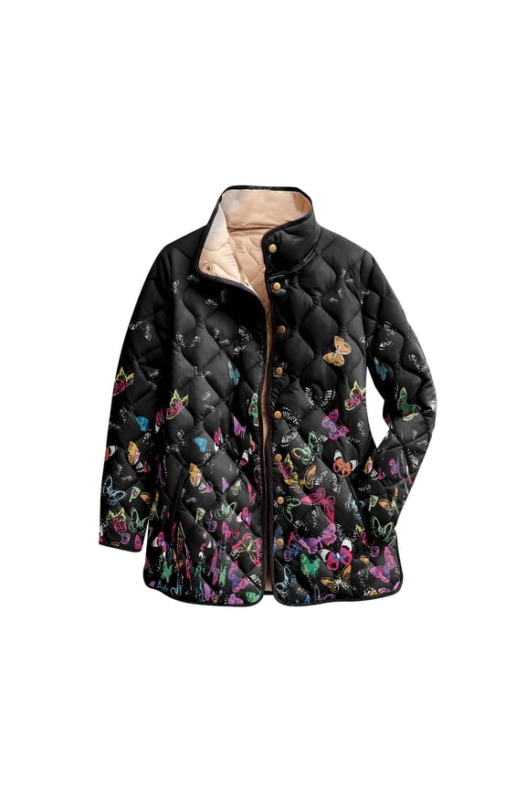 Women's Floral Print Stand Up Collar Pleated Cotton Long Sleeved Button Cotton Jacket Black 2XL