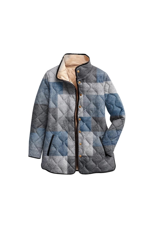 Women's Floral Print Stand Up Collar Pleated Cotton Long Sleeved Button Cotton Jacket Blue 2XL