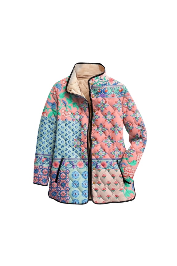 Women's Floral Print Stand Up Collar Pleated Cotton Long Sleeved Button Cotton Jacket Blue 2XL