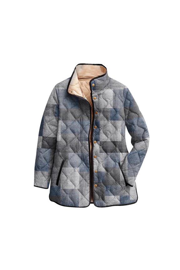 Women's Floral Print Stand Up Collar Pleated Cotton Long Sleeved Button Cotton Jacket Dark Gray XL