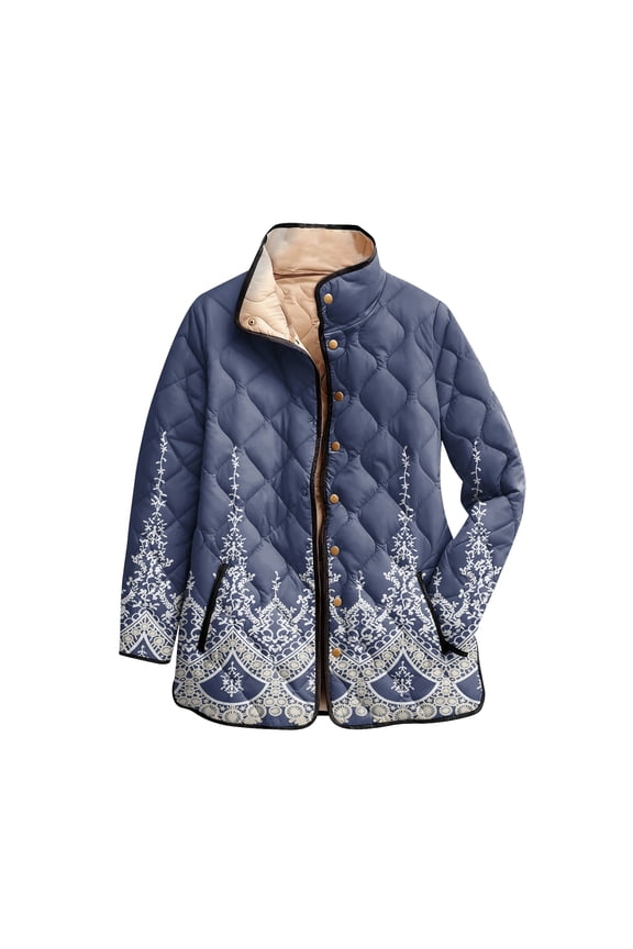 Women's Floral Print Stand Up Collar Pleated Cotton Long Sleeved Button Cotton Jacket Light Blue 2XL