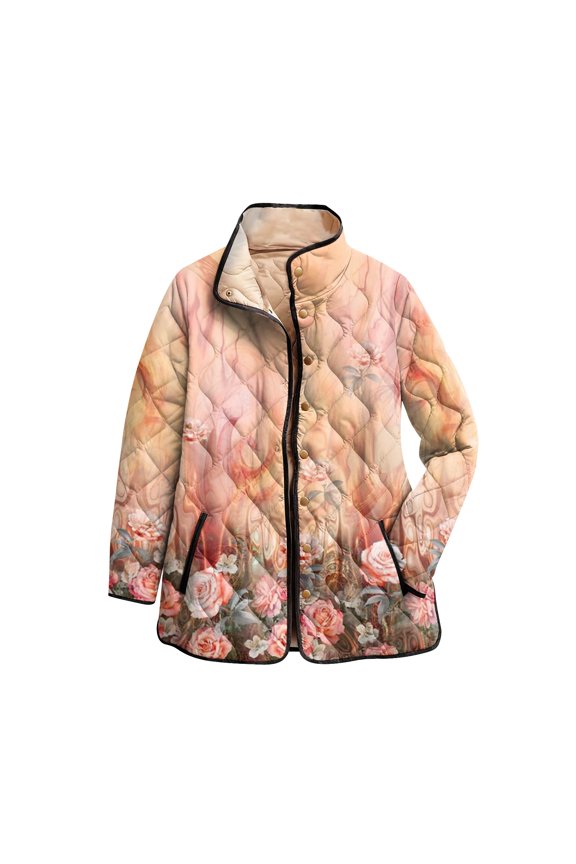 Women's Floral Print Stand Up Collar Pleated Cotton Long Sleeved Button Cotton Jacket Pink XS
