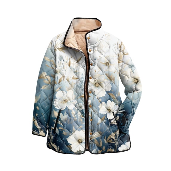 CharmCyan Women's Floral Print Stand Up Collar Pleated Cotton Long Sleeved Button Cotton Jacket Royal Blue M