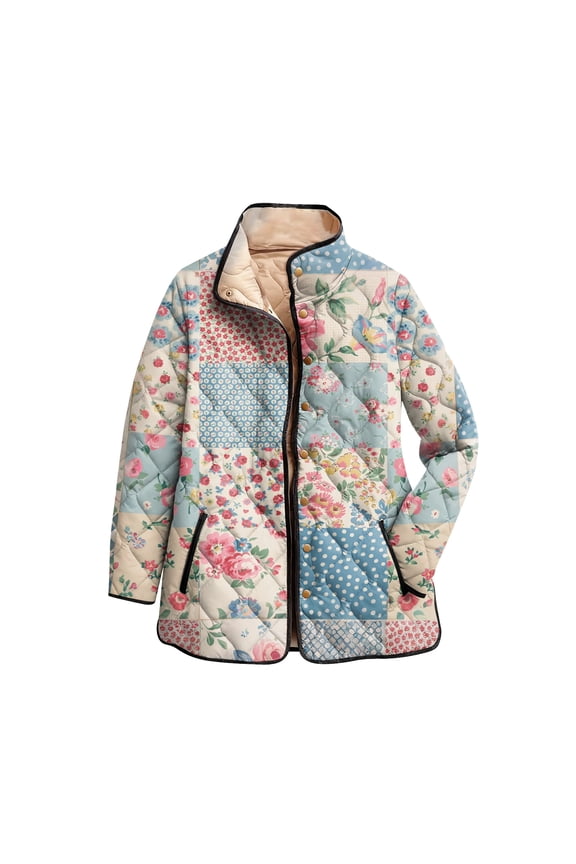 Women's Floral Print Stand Up Collar Pleated Cotton Long Sleeved Button Cotton Jacket White 2XL