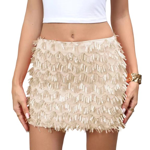 CharmCyan Women’s Fringe Detail Mini Skirt High Waist Short Skirt Layered Tassel Design Casual Straight Fit for Daily Wear Beige M
