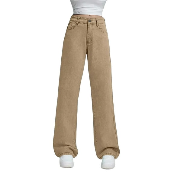 CharmCyan Women's High Waist Straight Leg Loose Casual Trousers Jeans Khaki S