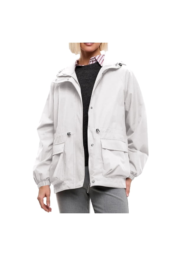 Women's Hooded Lightweight Windbreaker Jacket Casual Loose Fit Full Zip Front Drawstring Waist with Pockets Outdoor Coat Beige L