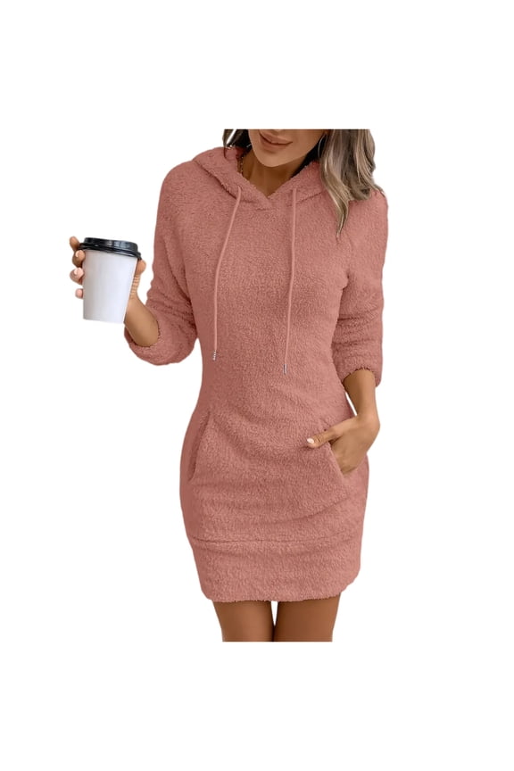 Women’s Hooded Pullover Dress Long Sleeve Fleece Casual Mini Dress with Front Pocket Soft Plush Fabric Relaxed Fit Pink L