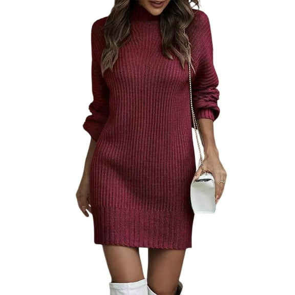 CharmCyan Women's Knitted Dress Turtleneck Winter Sweater Dress Knitted Dresses Midi Plain Long Wool Dress Wine L