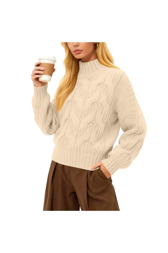 Women's Lazy Bubble Sleeve Loose, Thickened, Cable Knit Sweater Beige L