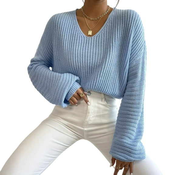 CharmCyan Women's Lazy Loose Short V-neck Lntern Long-sleeved Pullover Sweater Sky Blue L