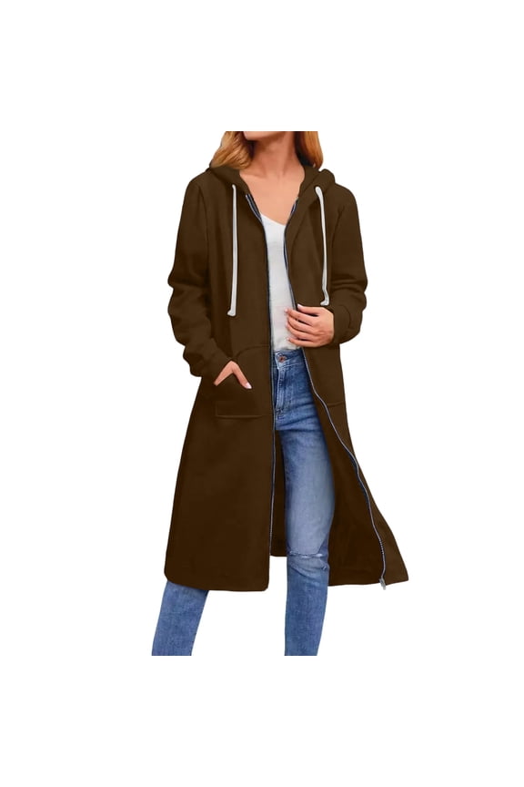 Women’s Long Hooded Zip Up Cardigan Casual Open Front Coat with Drawstring and Pockets Relaxed Fit Outerwear Jacket Coffee XL